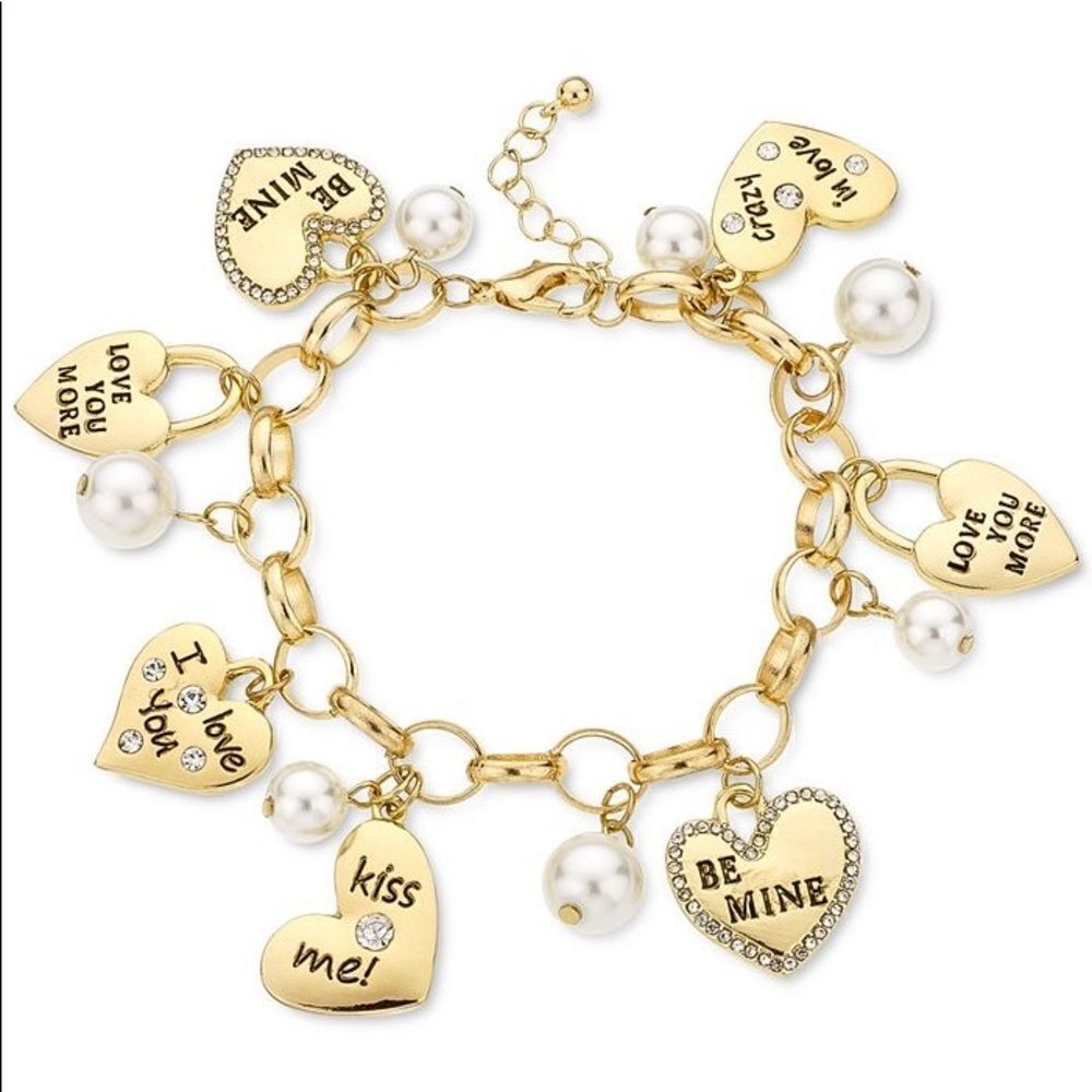 NWT Holiday Lane Gold-Tone Pavé Valentine Heart & Imitation Pearl Charm Bracelet